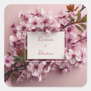 Sticker Carré Mariage Cadre Blanc Fleur de Cerisier Rose Vibrant
