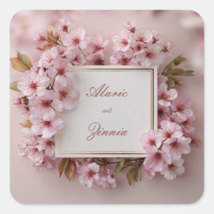 Sticker Carré Mariage Cadre Or Fleur de Cerisier Rose Rougissant