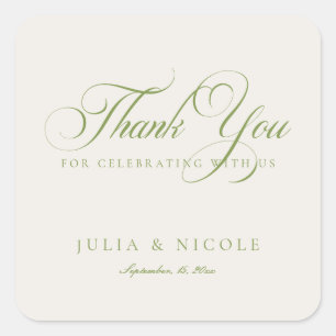 Sticker Carré Mariage Calligraphie Script Vert Ivoire Classique