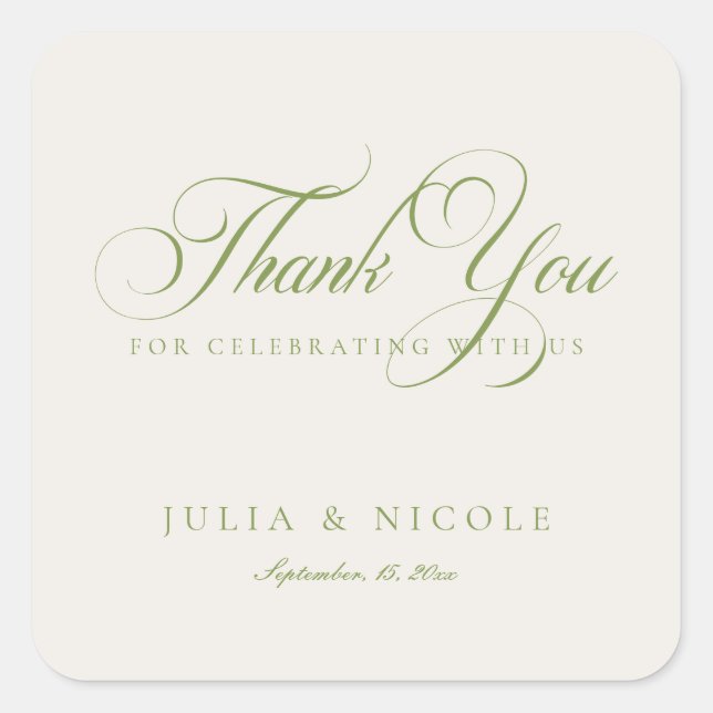 Sticker Carré Mariage Calligraphie Script Vert Ivoire Classique (Devant)