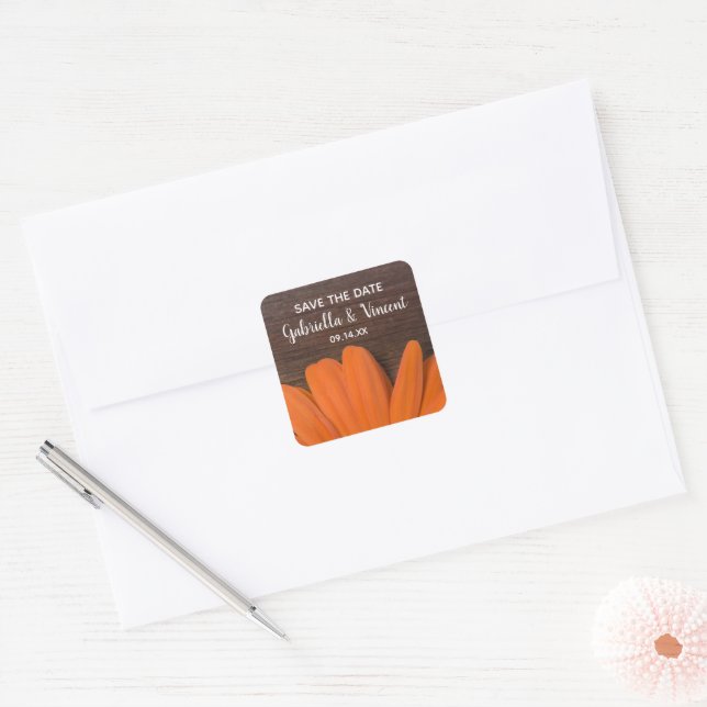 Sticker Carré Mariage campagnard de marguerite orange rustique E (Enveloppe)