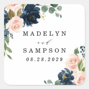 Sticker Carré Mariage campagnard floral bleu marine et rose pâle