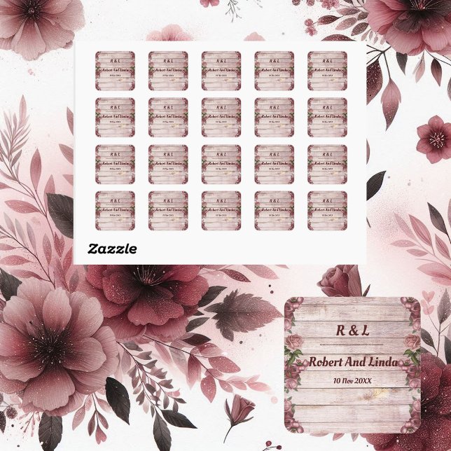 Sticker Carré Mariage campagnard Floral Rustique Rose (Rustic Woodland Roses Floral Country Wedding Square Sticker)