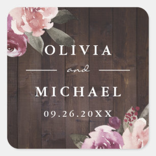 Sticker Carré Mariage champêtre floral pourpre mauve sur bois ru