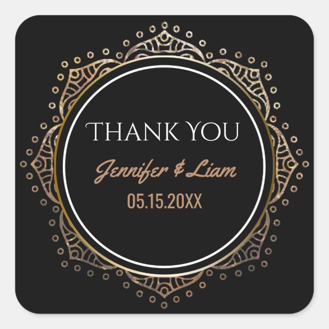 Sticker Carré Mariage Chic Black Gold Boho | Merci Favor (Devant)
