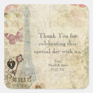 Sticker Carré Mariage Chic Vintage Paris Roses Roses Clé et Serr