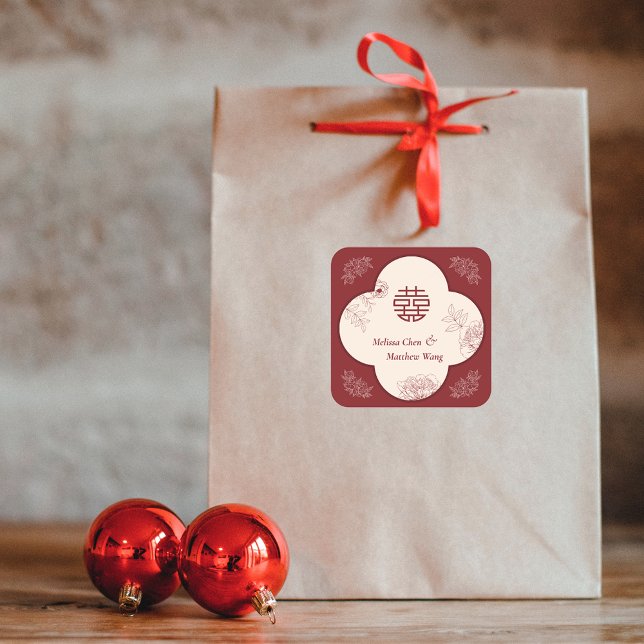 Sticker Carré Mariage chinois élégant Double Xi Flower (Elegant Flower Double Xi Chinese Wedding Square Sticker)