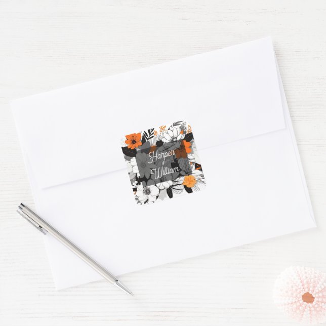 Sticker Carré Mariage contemporain de fleurs orange monochrome (Enveloppe)