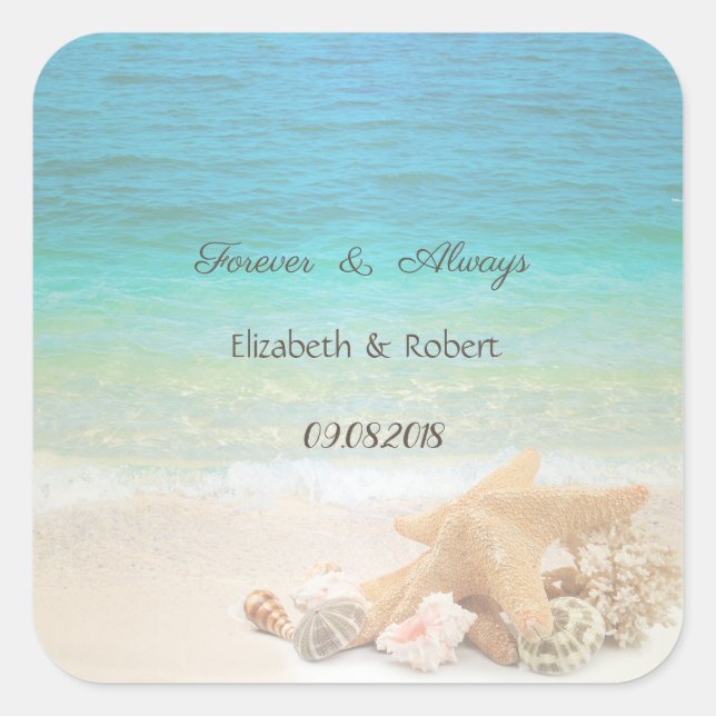 Sticker Carré Mariage Coquillages de Plage (Devant)