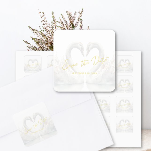 Sticker Carré Mariage cygne personnalisé Enregistrer la date (Custom Swan Wedding Save the Date Square Stickers)