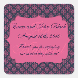 Sticker Carré Mariage damassé rose et bleu privilégient le Merci