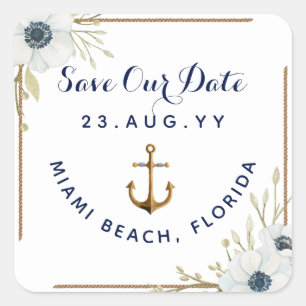 Sticker Carré Mariage d'Ancre d'anémone bleu et blanc marine