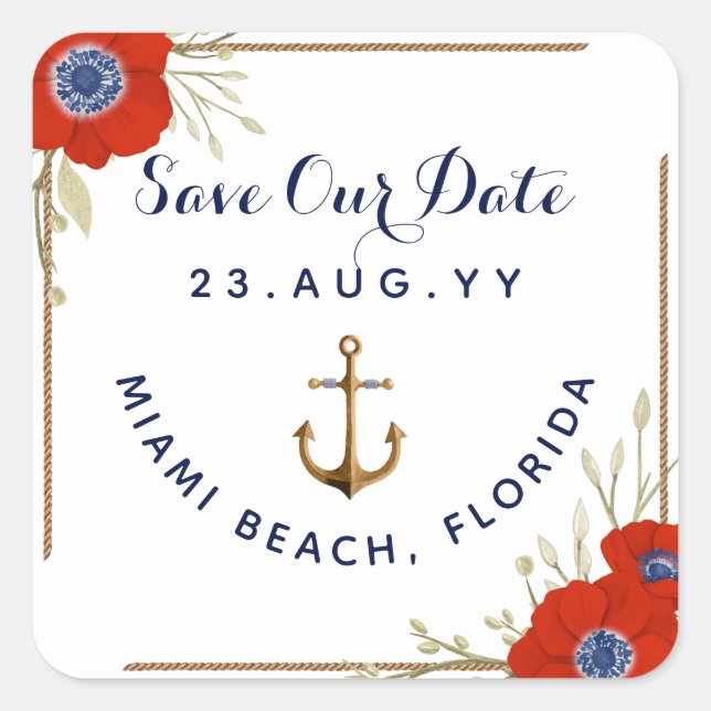 Sticker Carré Mariage d'Ancre d'anémone bleu et blanc ⚓ marine (Devant)