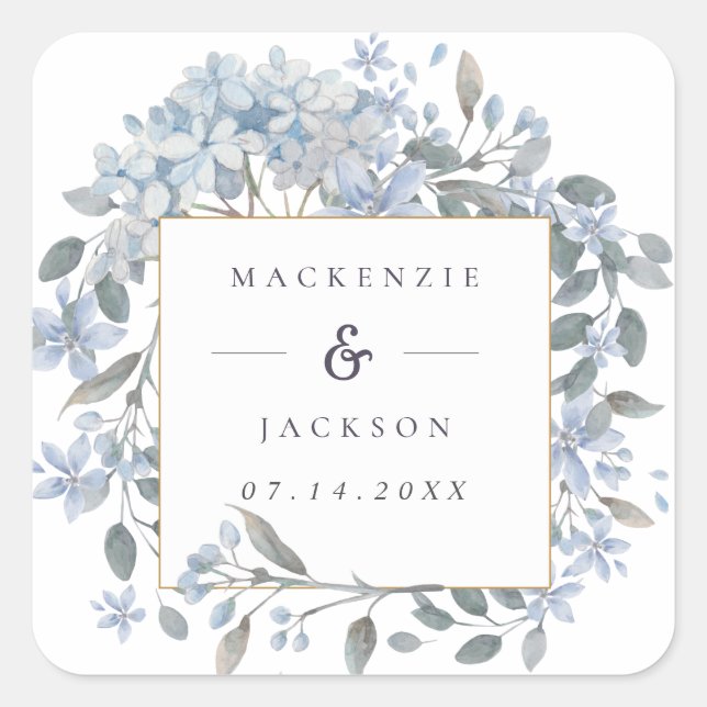 Sticker Carré Mariage d'aquarelle de cadre Blue Hydrangeas (Devant)