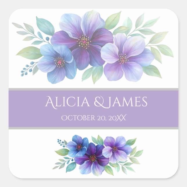 Sticker Carré Mariage d'aquarelle romantique bleu violet (Devant)