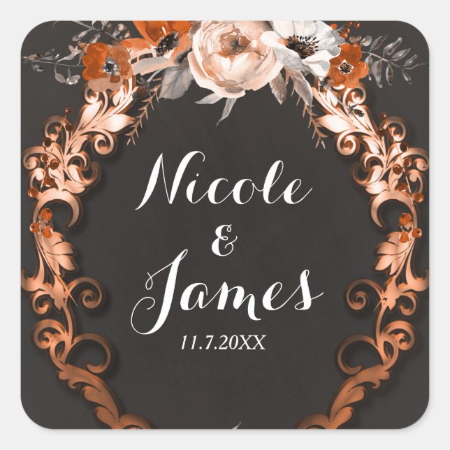 Sticker Carré Mariage d'automne Floral Orange Faveur (Devant)