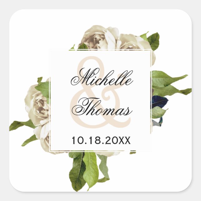 Sticker Carré Mariage de bouquet floral Rose blanche (Devant)