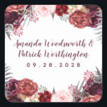 Sticker Carré Mariage de Bourgogne Marsala rose pâle rose pâle F<br><div class="desc">Burgundy Fall Marsala Blush Pink Wedding Favor Stickers - disposent d'un arrière - plan blanc avec différentes pivoines, roses, et d'autres éléments floraux dans les tons Marsala, bordeaux, rose roux, gris et plus. Consultez la collection correspondante de cette page pour terminer la recherche de votre événement. Visualisez le lien de...</div>