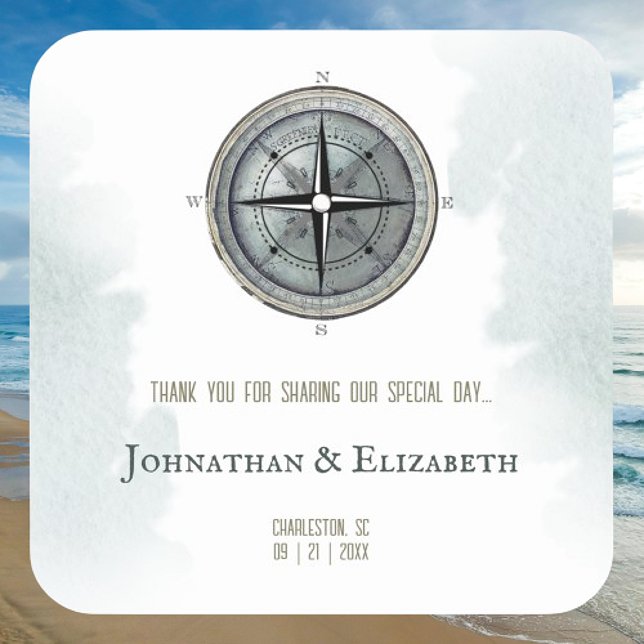 Sticker Carré Mariage de boussole marine vintage (Vintage Nautical Compass Wedding Favor Square Sticker)