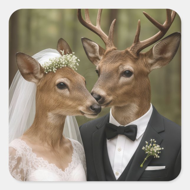 Sticker Carré Mariage de cerf et biche dans la forêt (Devant)