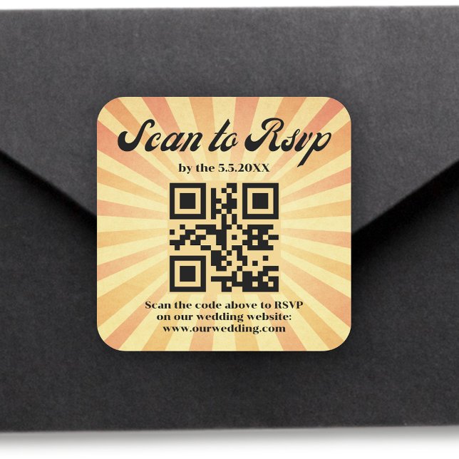 Sticker Carré mariage de code rsvp qr orange rétro élégant (Créateur téléchargé)