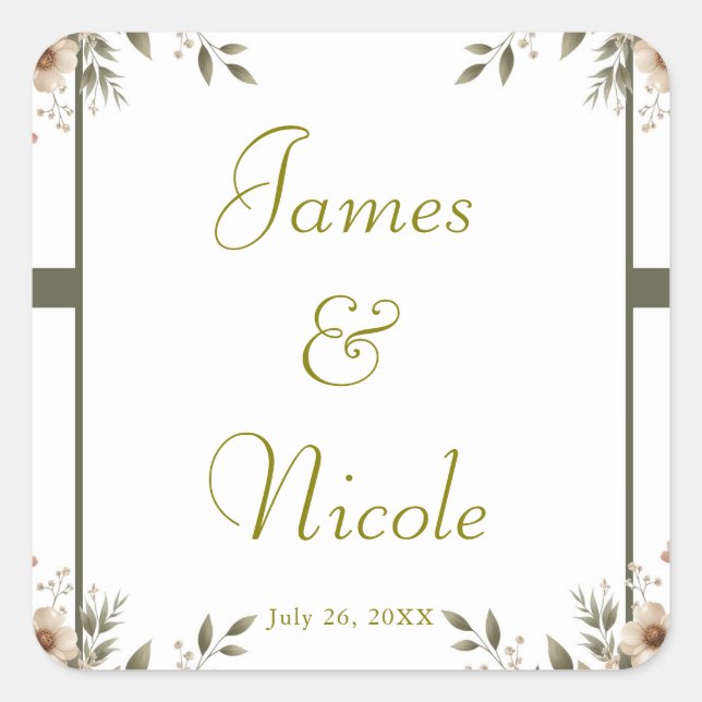 Sticker Carré Mariage de coin floral élégant vert olive et blanc (Devant)