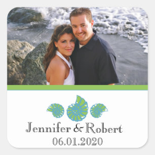 Sticker Carré Mariage de coquillages vert citron et turquoise
