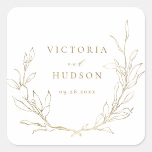Sticker Carré Mariage de couronne botanique simple or