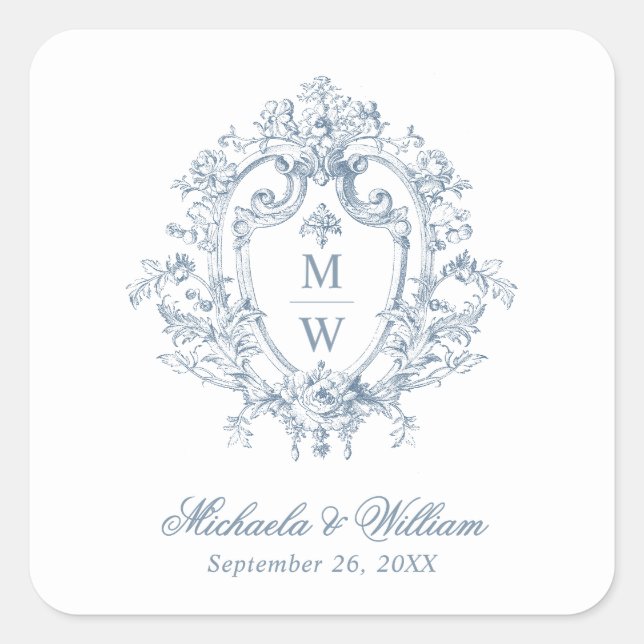Sticker Carré Mariage de crête de monogramme de régence vintage (Devant)