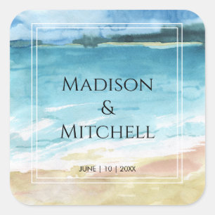 Sticker Carré Mariage de destination à la plage océan aquarelle