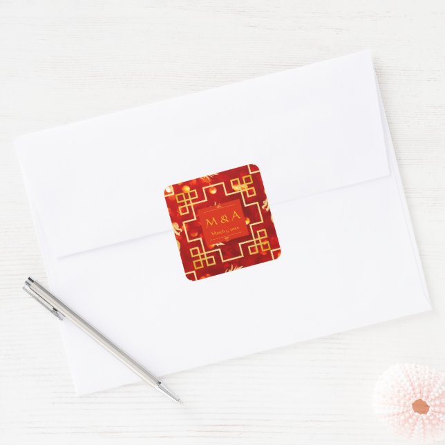 Sticker Carré Mariage de dragon rouge et or (Enveloppe)