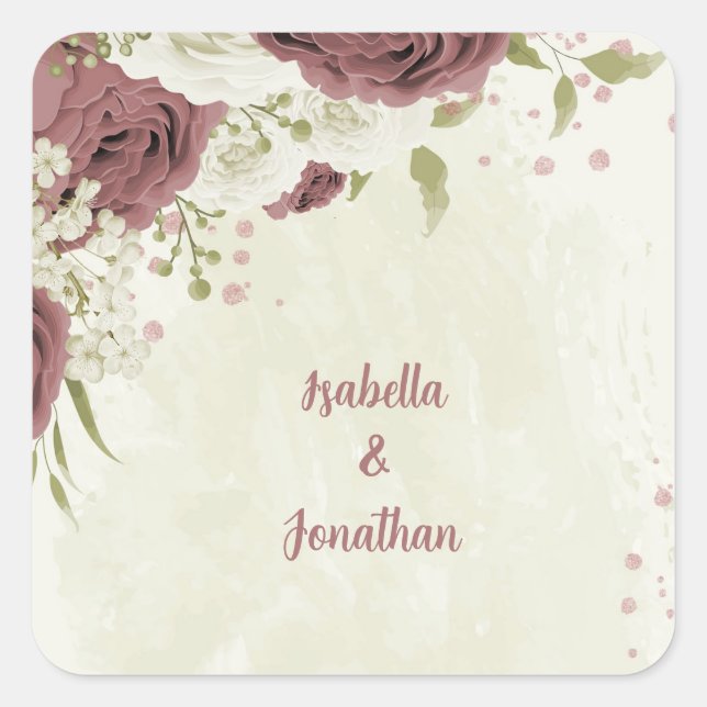 Sticker Carré mariage de fleurs blanches rose et poussiéreuses (Devant)