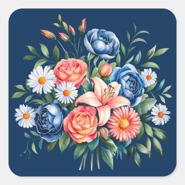 Sticker Carré Mariage de fleurs bleu marine et orange de pivoine (Devant)