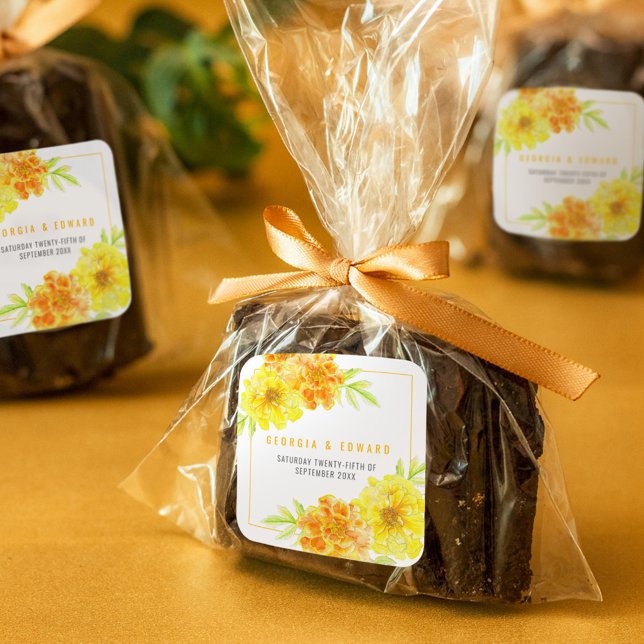 Sticker Carré Mariage de fleurs d'aquarelle jaune marigold (Créateur téléchargé)