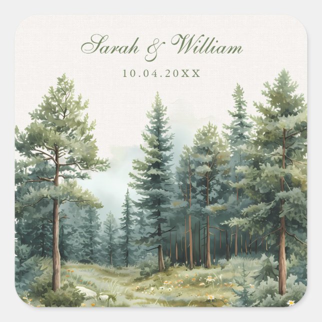 Sticker Carré Mariage de forêt d'été vert rustique (Devant)