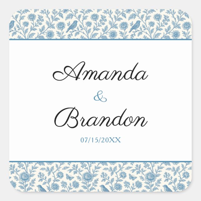 Sticker Carré Mariage de frontière floral chic bleu Toile de Jou (Devant)