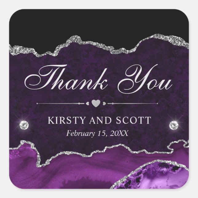 Sticker Carré Mariage de marbre d'agate scintillant violet et ar (Devant)
