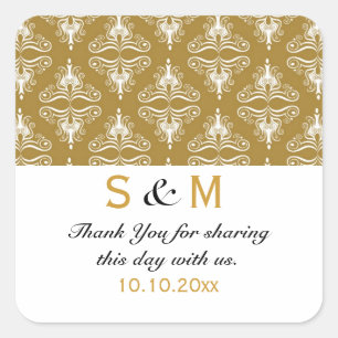 Sticker Carré Mariage de monogramme de Merci blanc or