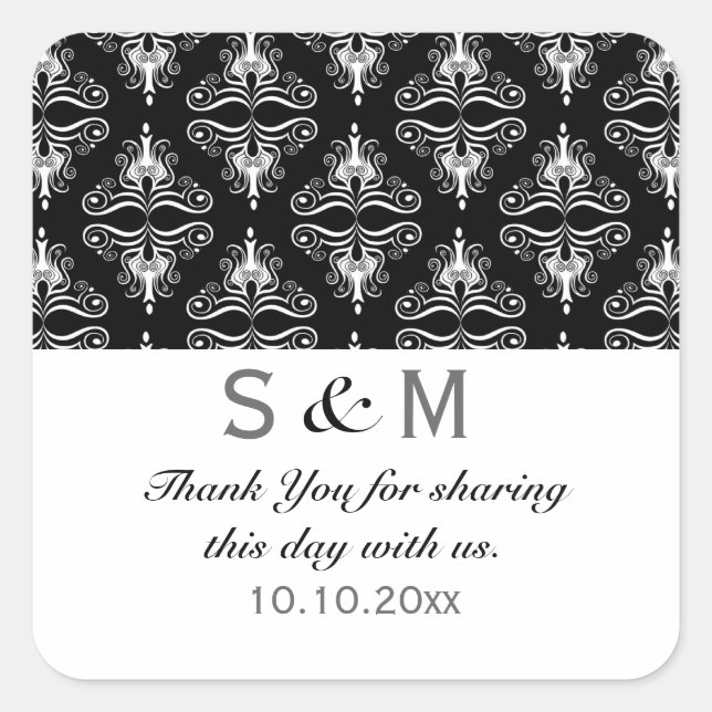 Sticker Carré Mariage de monogramme de Merci noir blanc (Devant)