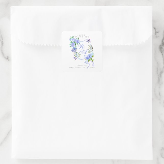 Sticker Carré Mariage de monogramme de ruban bleu (Sac)