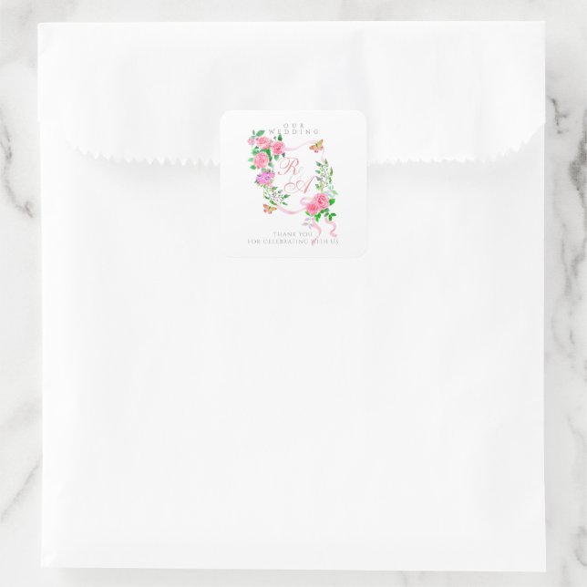 Sticker Carré Mariage de monogramme de ruban rose (Sac)
