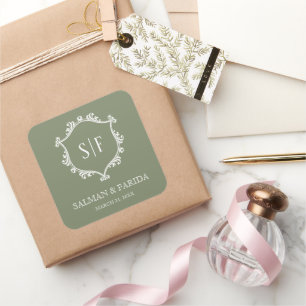 Sticker Carré Mariage de monogramme Sage Green et White Crest