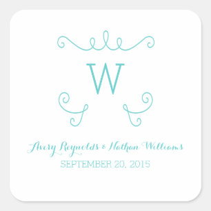 Sticker Carré Mariage de monogramme turquoise Whimsical Flourish