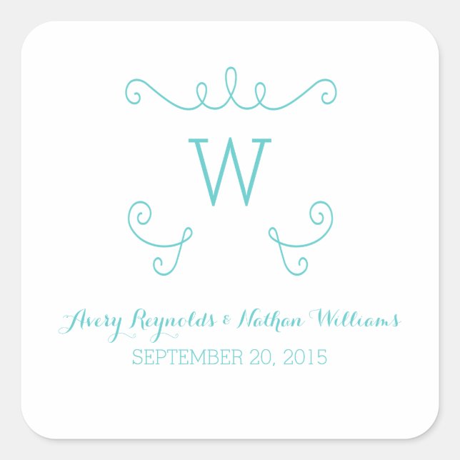 Sticker Carré Mariage de monogramme turquoise Whimsical Flourish (Devant)