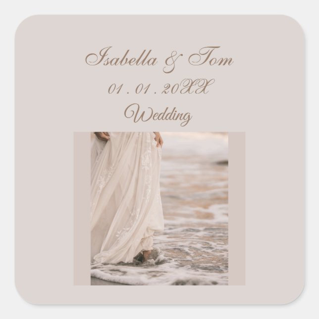 Sticker Carré Mariage de plage côtier | Cadeau Boho neutre doux (Devant)