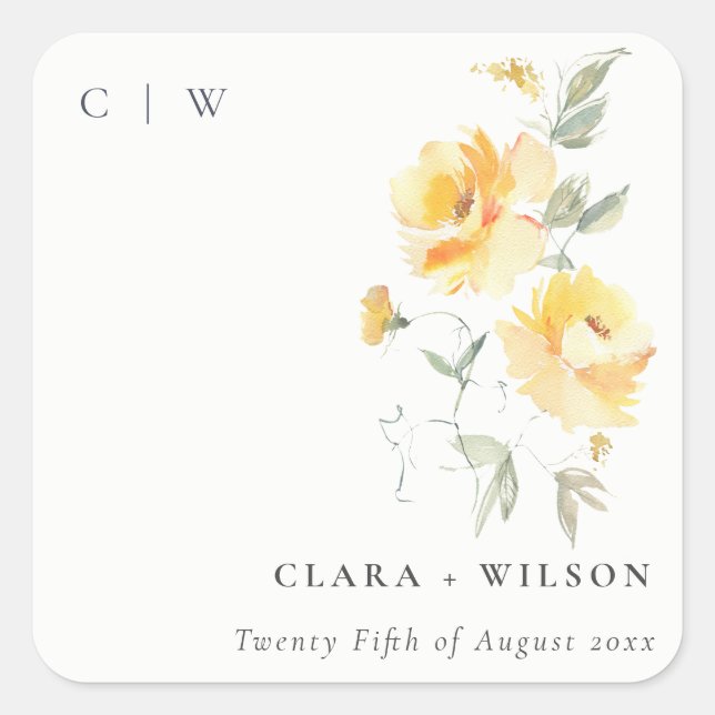 Sticker Carré Mariage   de Rose à aquarelle jaune vert (Devant)
