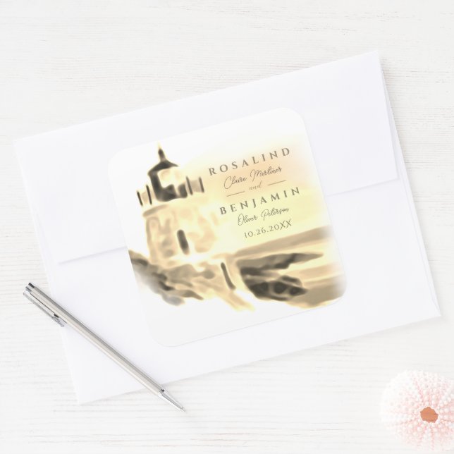 Sticker Carré Mariage de script Chic Gold Watercolor (Enveloppe)
