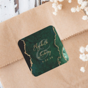 Sticker Carré Mariage de script d'agate d'or Emerald Green
