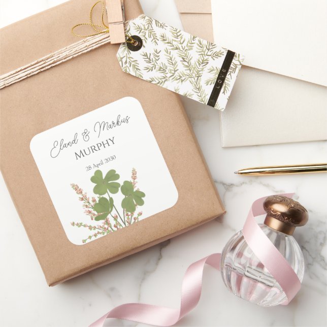 Sticker Carré Mariage de trèfle vert irlandais moderne (Cadeaux)