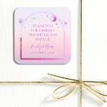 Sticker Carré Mariage des étoiles de soleil rose de coucher de s<br><div class="desc">Mystique coucher de soleil rose Lune étoiles Astronomie Céleste Galaxie Cosmique Espace Mariage Faveur Stickers dispose d'un soleil rose et violet, lunette et étoiles cadre sur une plage pastel coucher de soleil arrière - plan. Personnalisé avec un message de "Merci". Parfait pour les mariages et les fêtes. Personnalisez en modifiant...</div>